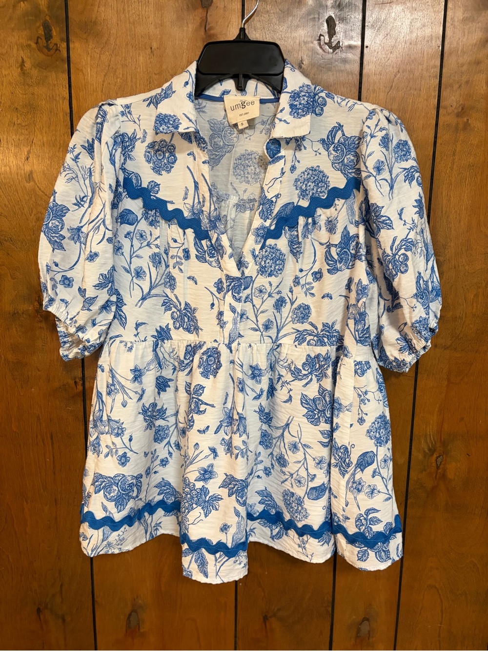 Umgee Blue and White Floral Ruffle Trim Peasant Blouse